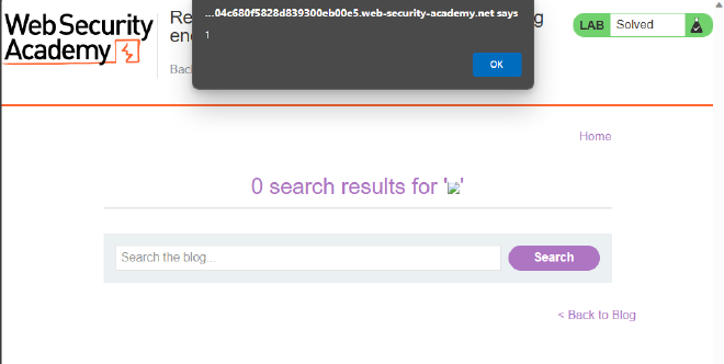 Figure 2: The vulnerable search bar calling alert(1) when injected with a basic payload (Source: PortSwigger WebSecurity Academy)